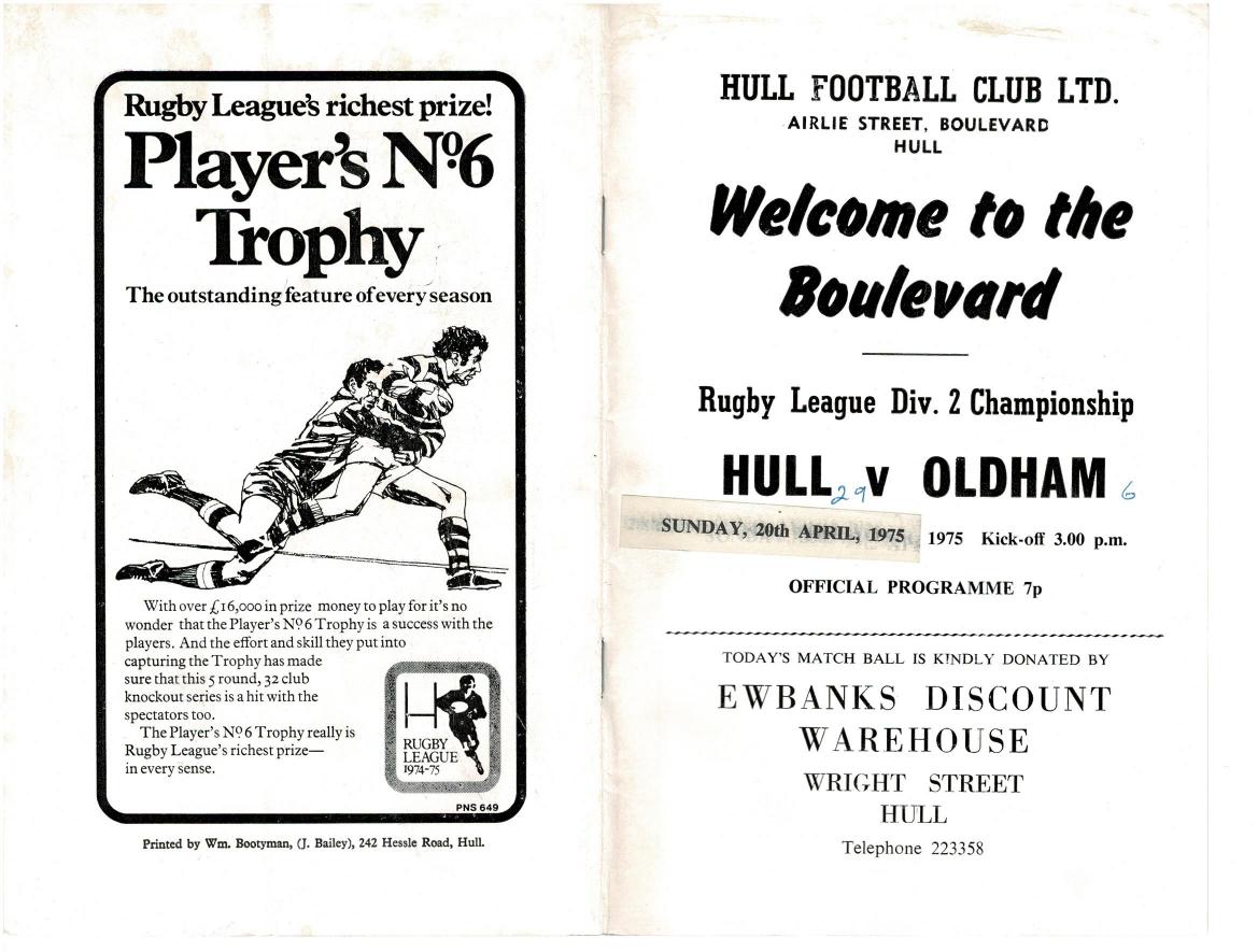 Programme cover: Oldham v Hull FC, 20 April 1975