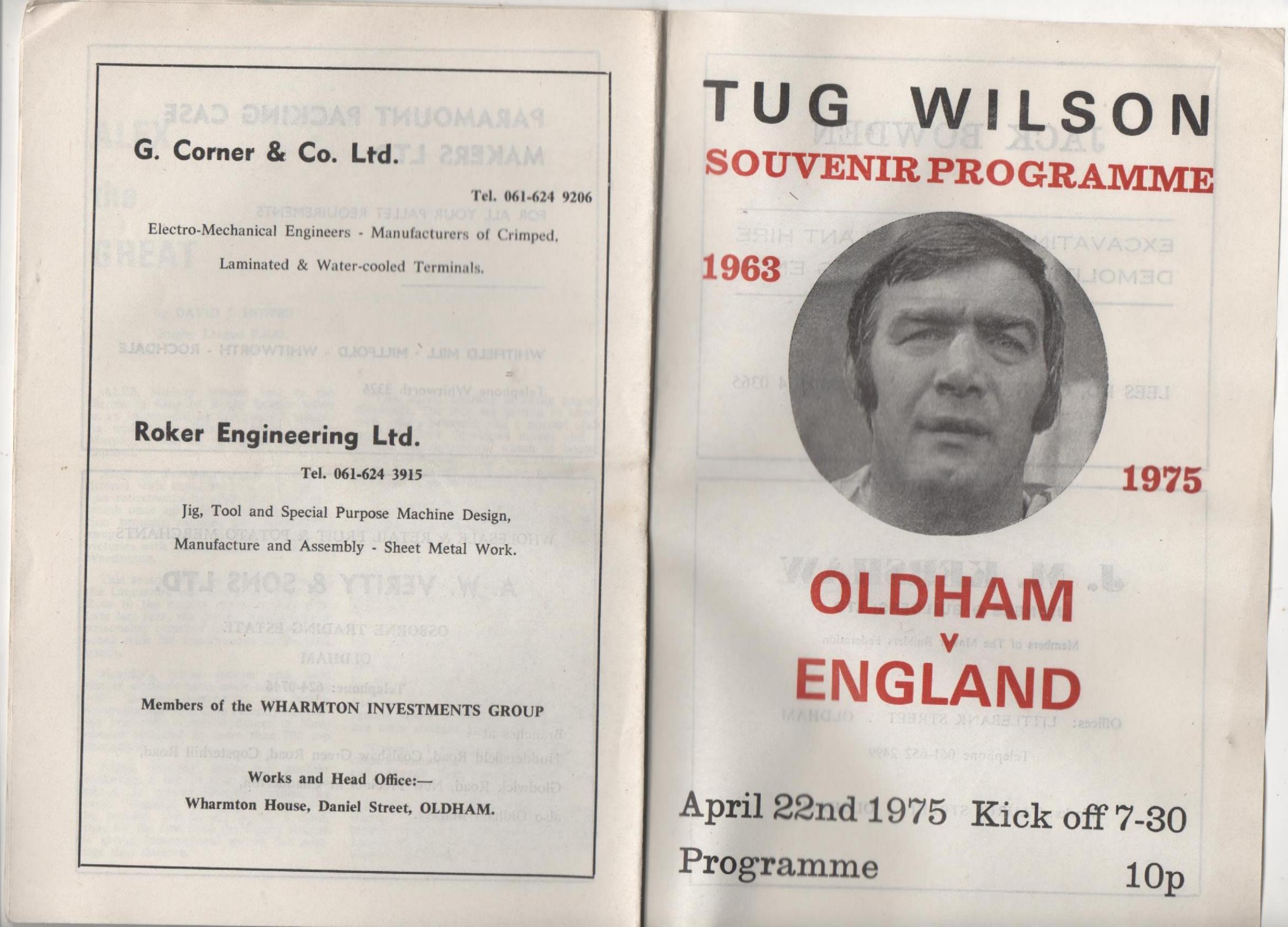 Programme cover: Oldham v England, 22 April 1975