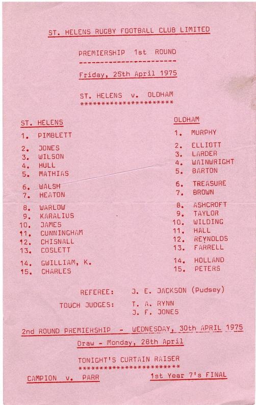 Programme cover: Oldham v St Helens, 25 April 1975