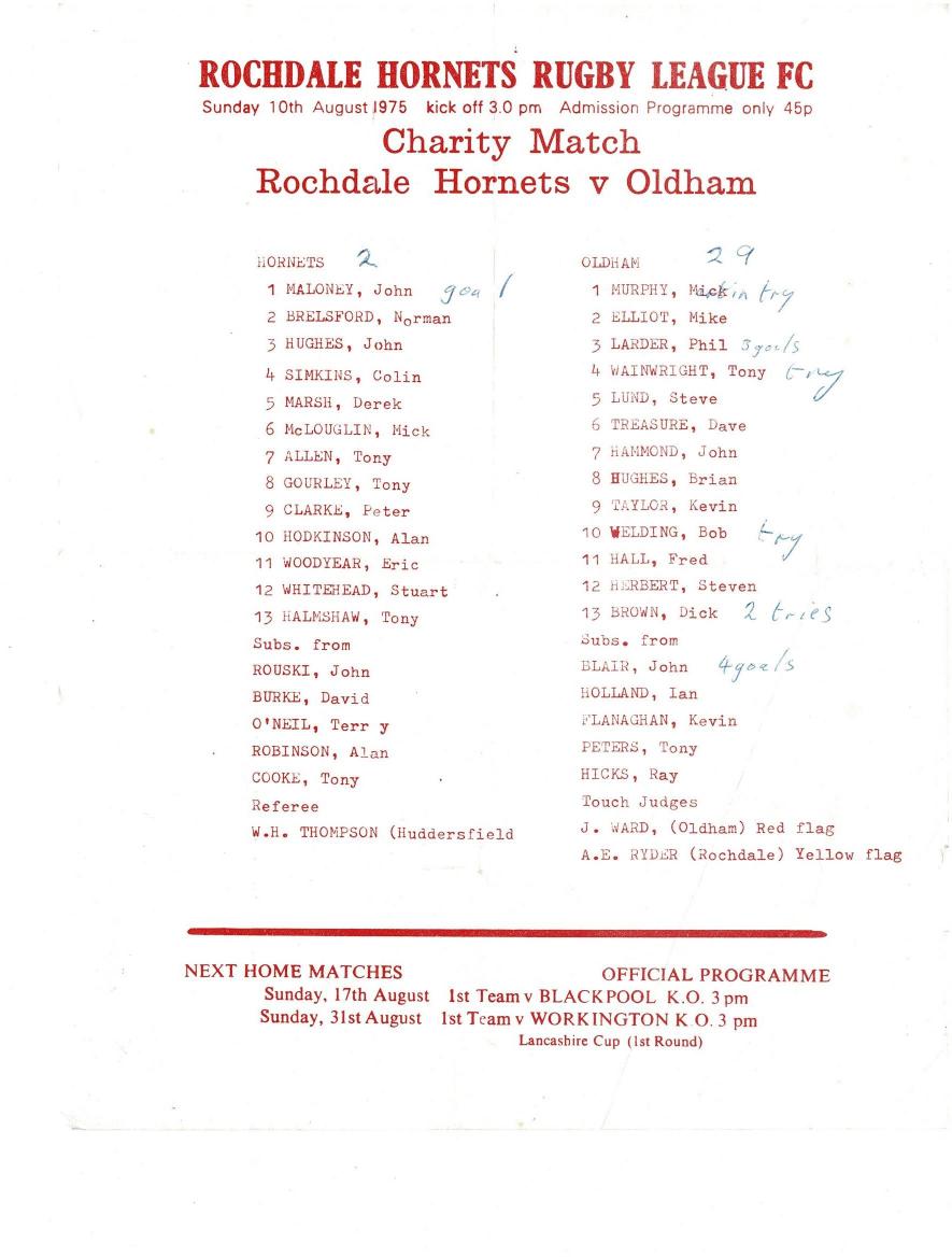 Programme cover: Oldham v Rochdale Hornets, 10 August 1975