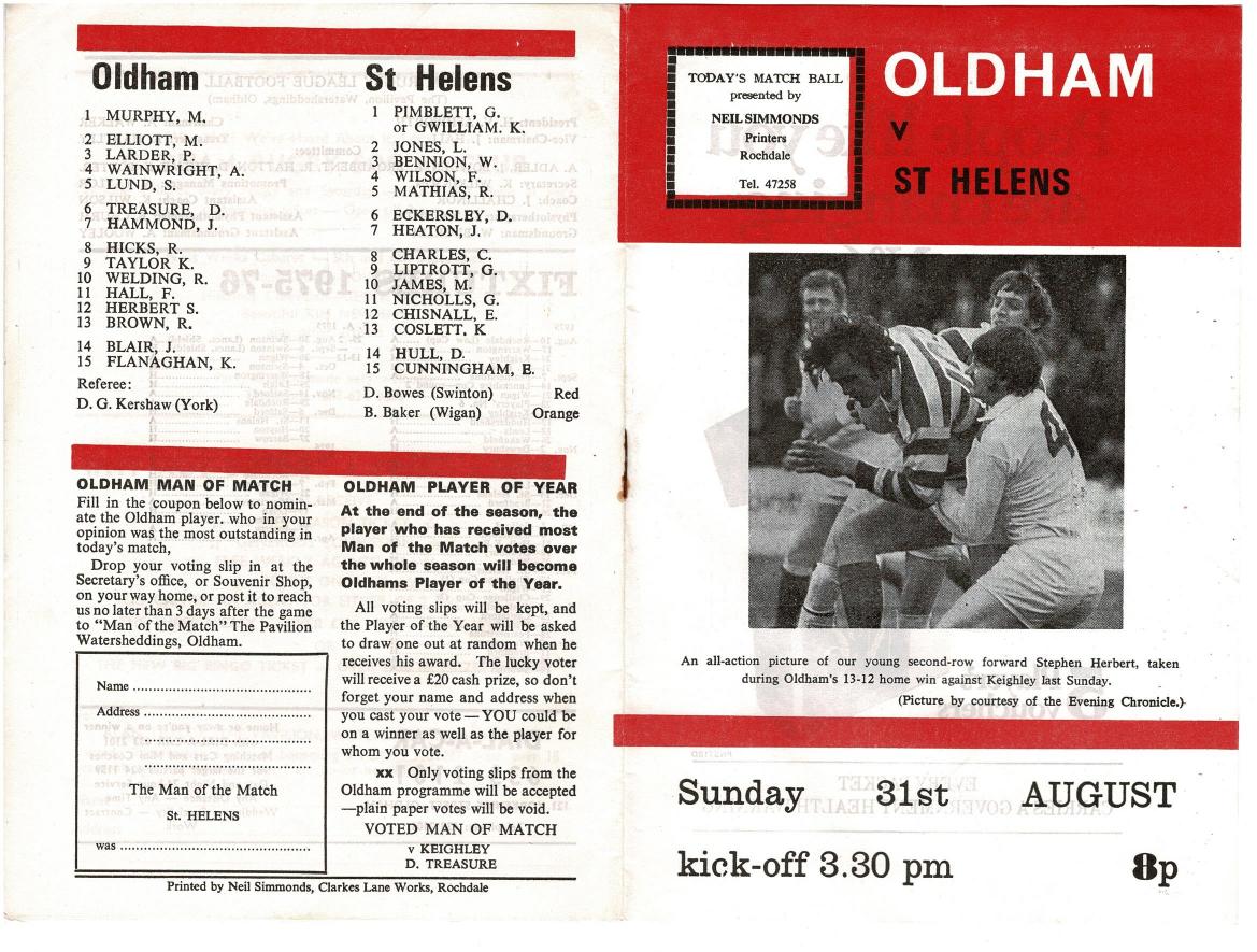 Programme cover: Oldham v St Helens, 31 August 1975