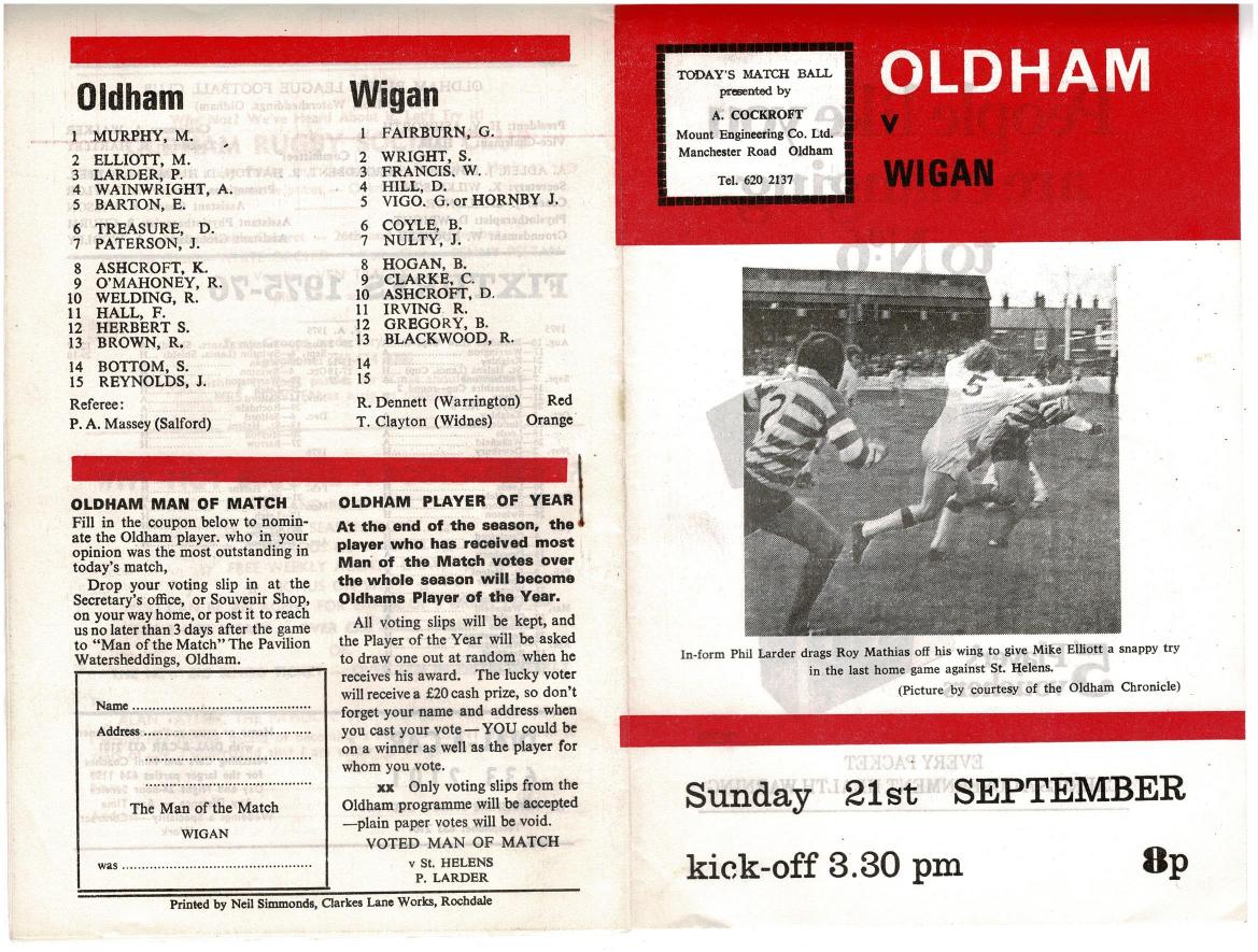 Programme cover: Oldham v Wigan, 21 September 1975
