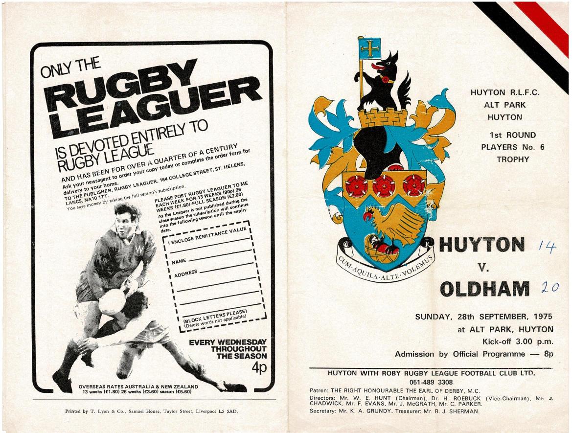 Programme cover: Oldham v Huyton, 28 September 1975