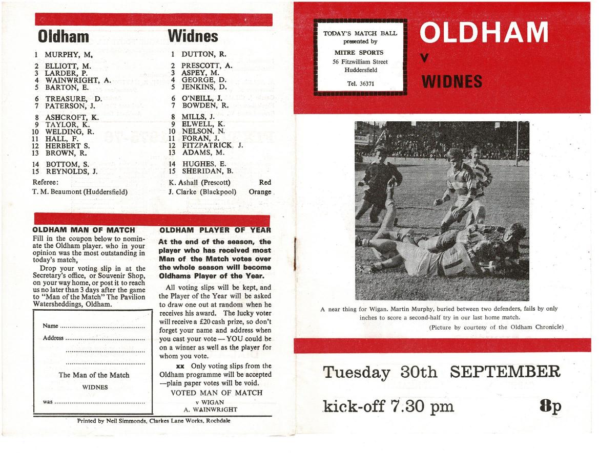 Programme cover: Oldham v Widnes, 30 September 1975