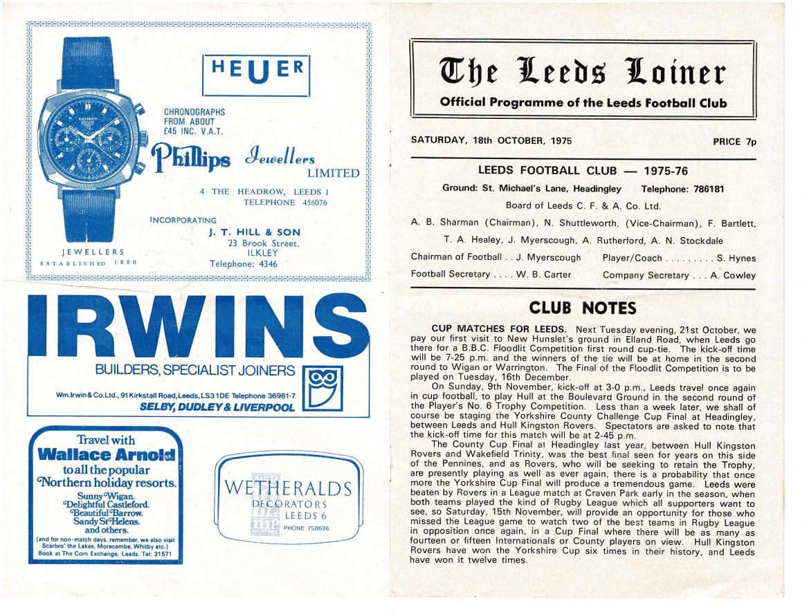 Programme cover: Oldham v Leeds, 18 October 1975