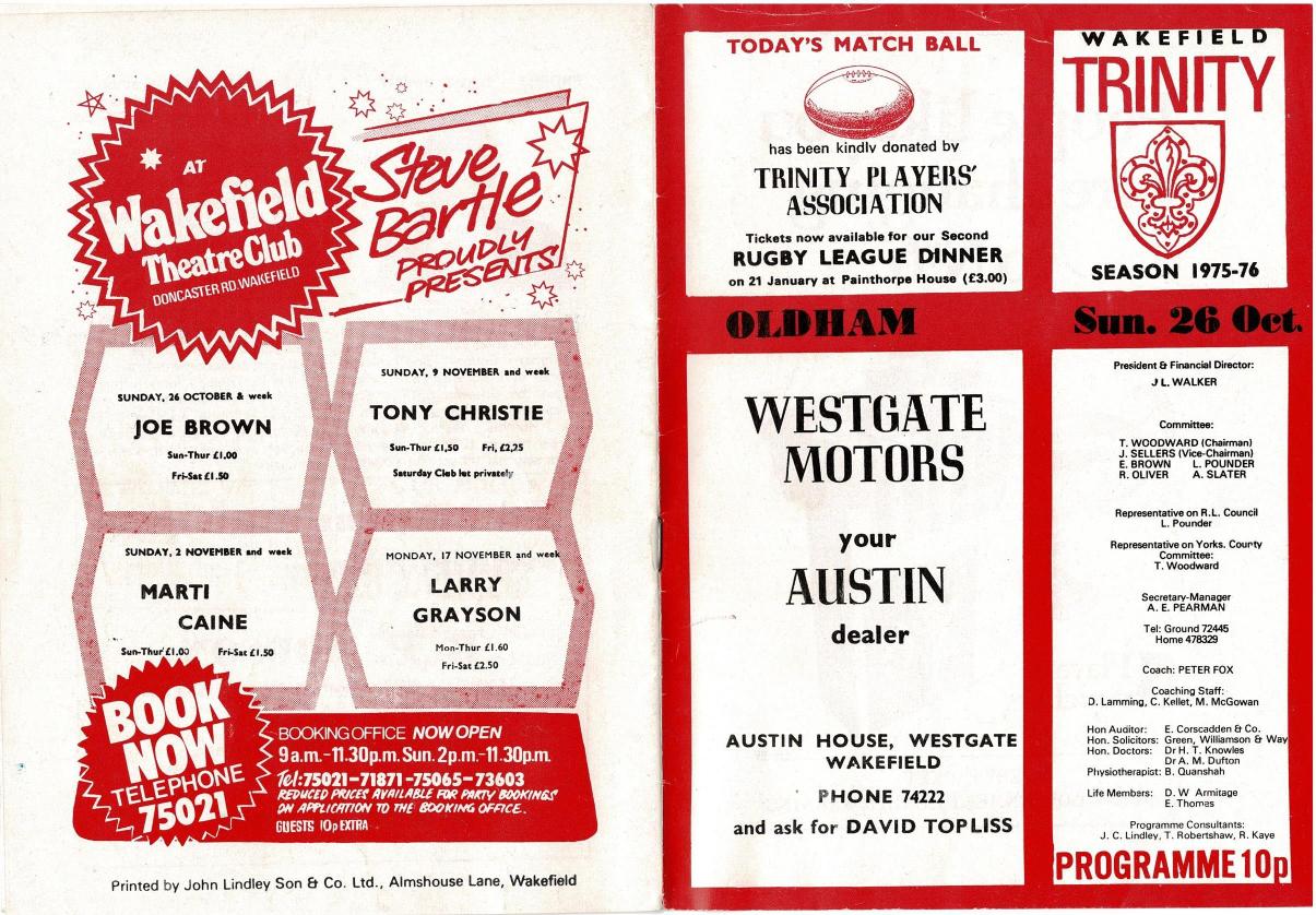 Programme cover: Oldham v Wakefield Trinity, 26 October 1975