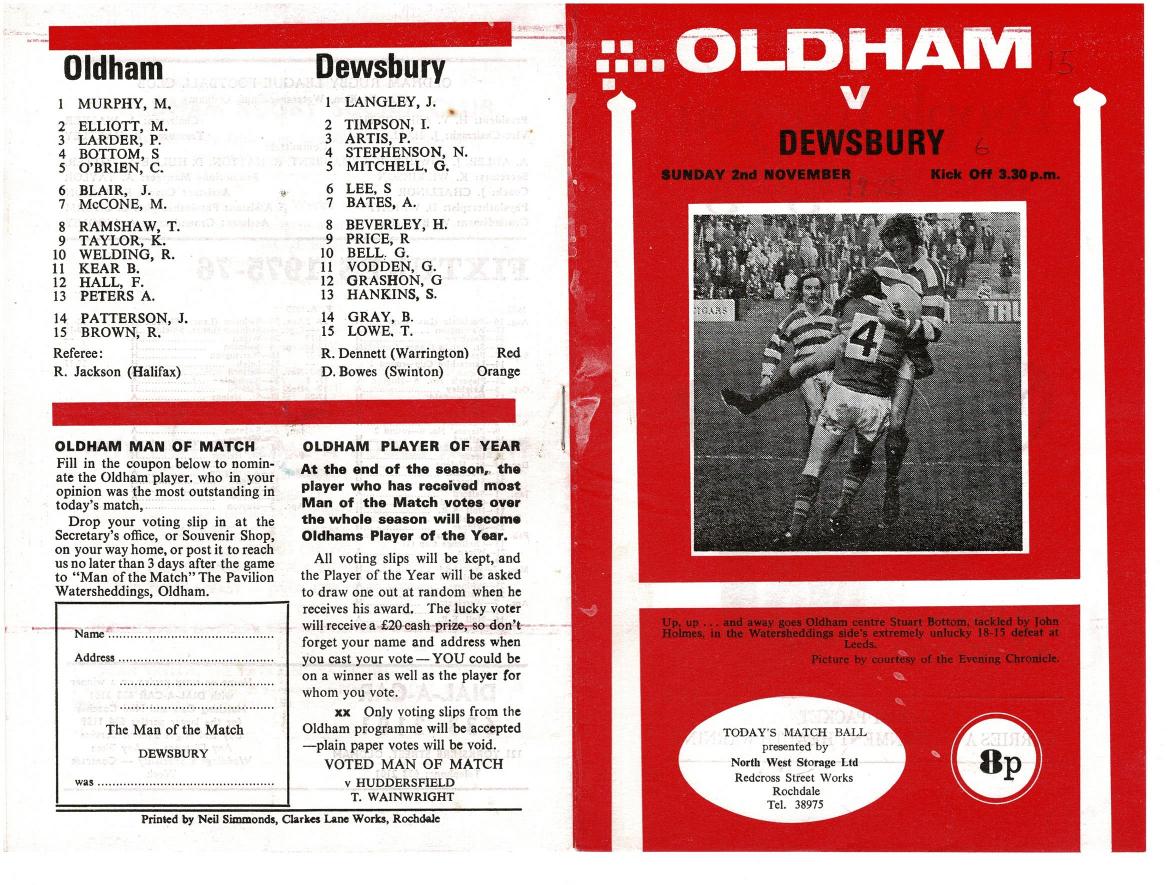 Programme cover: Oldham v Dewsbury, 2 November 1975