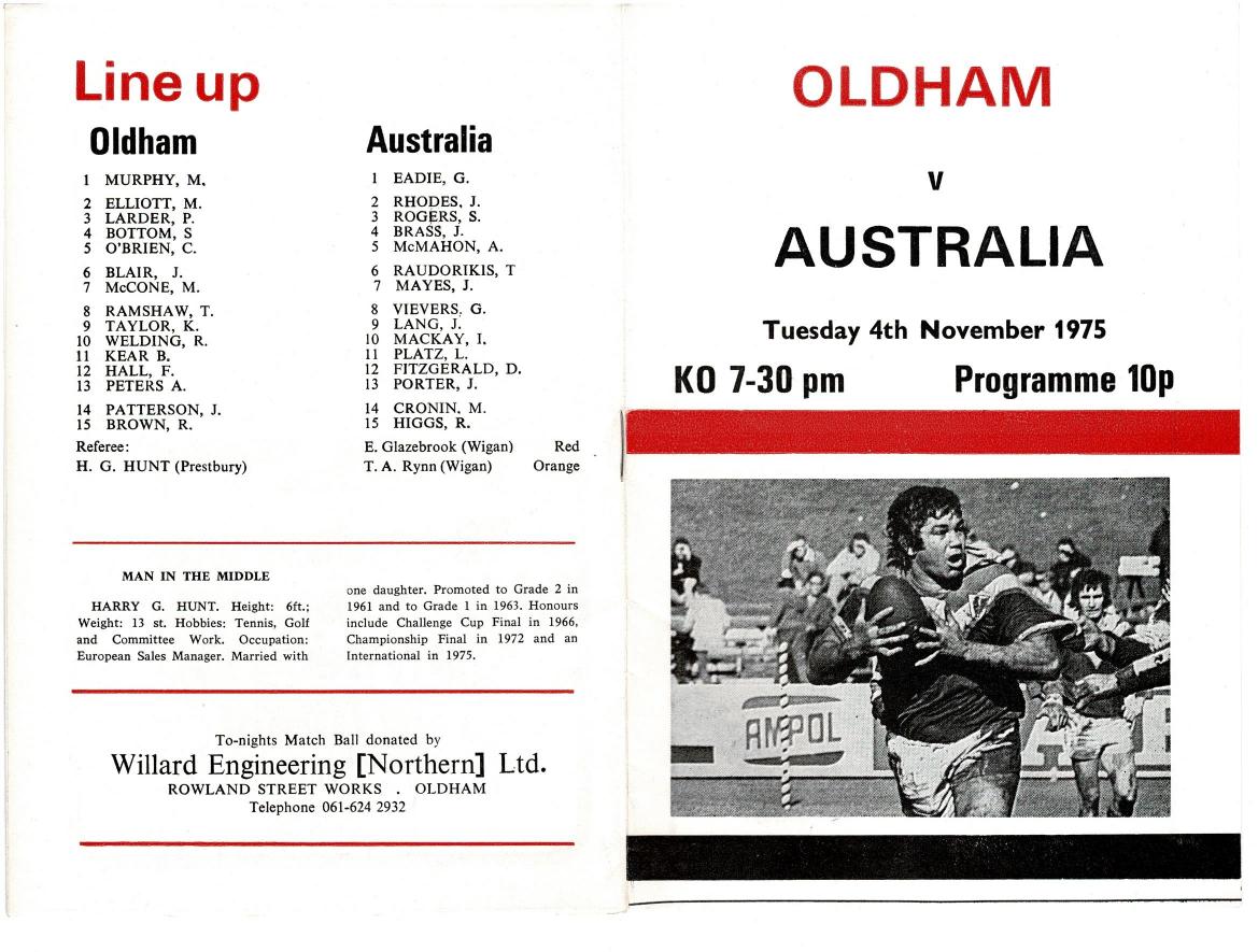 Programme cover: Oldham v Australia, 4 November 1975