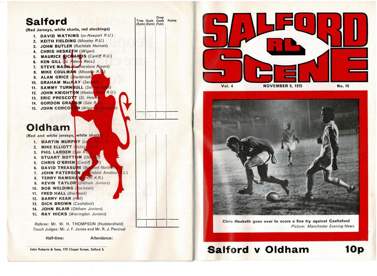 Programme cover: Oldham v Salford, 9 November 1975