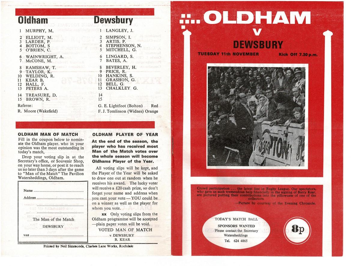 Programme cover: Oldham v Dewsbury, 11 November 1975