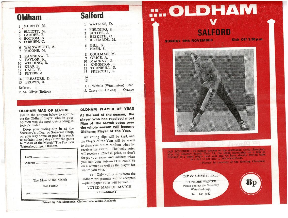 Programme cover: Oldham v Salford, 16 November 1975