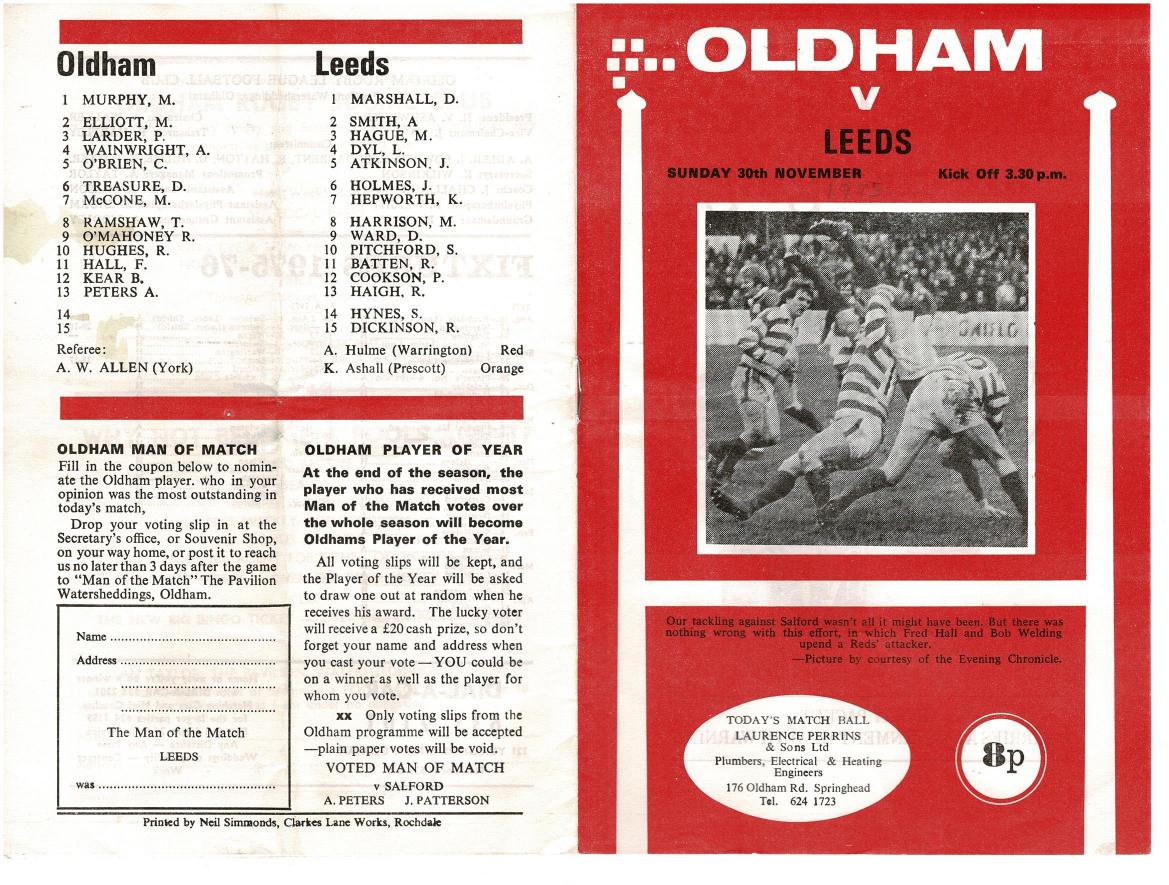 Programme cover: Oldham v Leeds, 30 November 1975