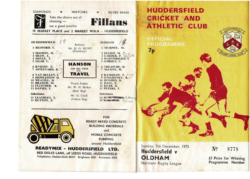 Programme cover: Oldham v Huddersfield, 7 December 1975