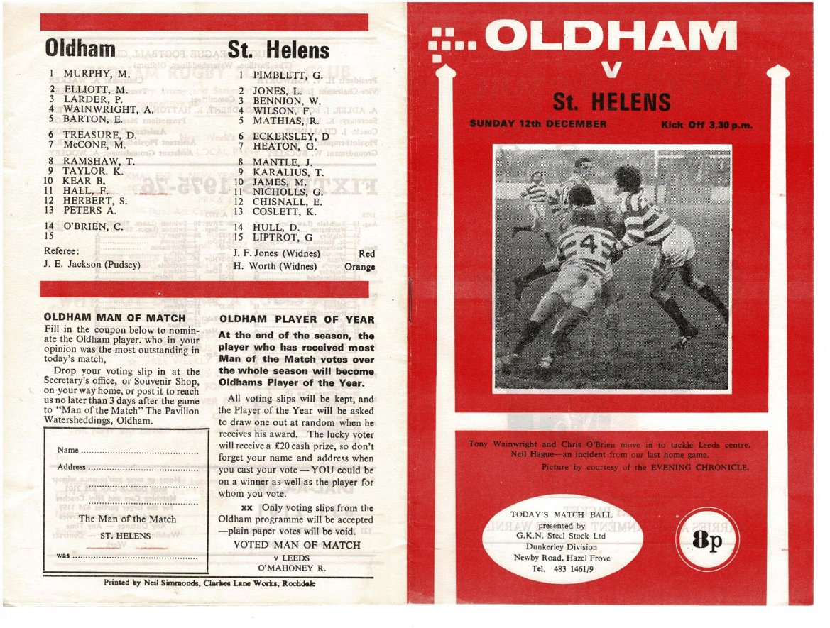 Programme cover: Oldham v St Helens, 14 December 1975