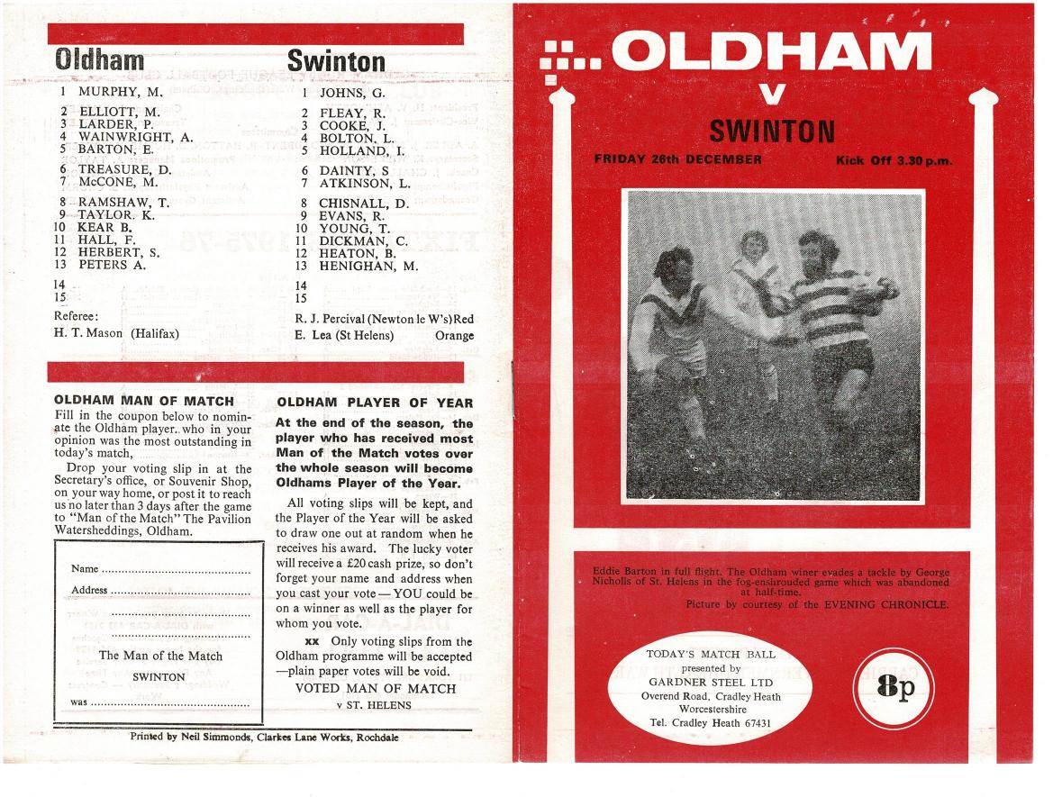 Programme cover: Oldham v Swinton, 26 December 1975