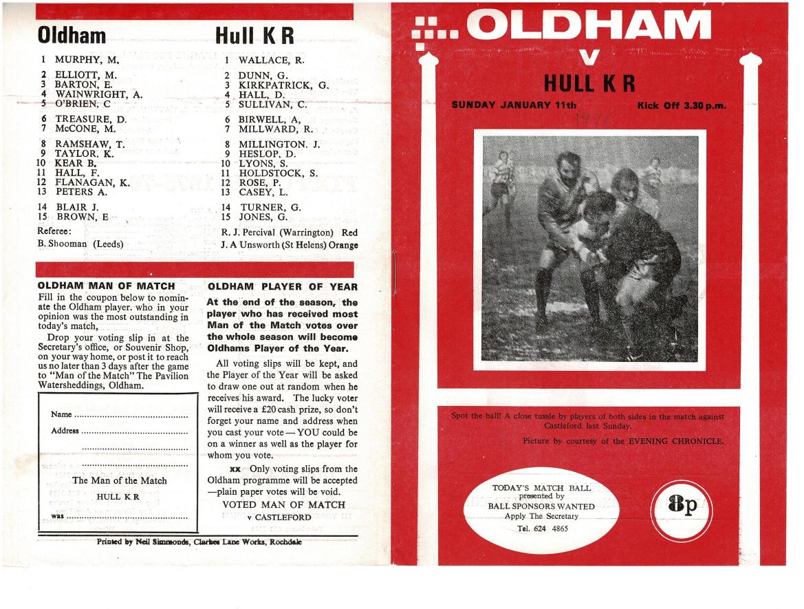 Programme cover: Oldham v Hull Kingston Rovers, 11 January 1976