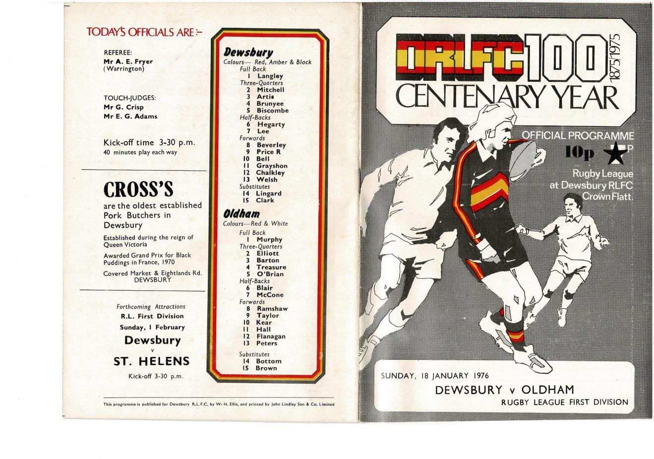 Programme cover: Oldham v Dewsbury, 18 January 1976
