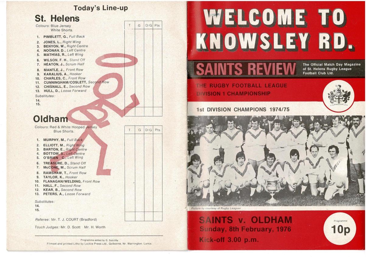 Programme cover: Oldham v St Helens, 8 February 1976