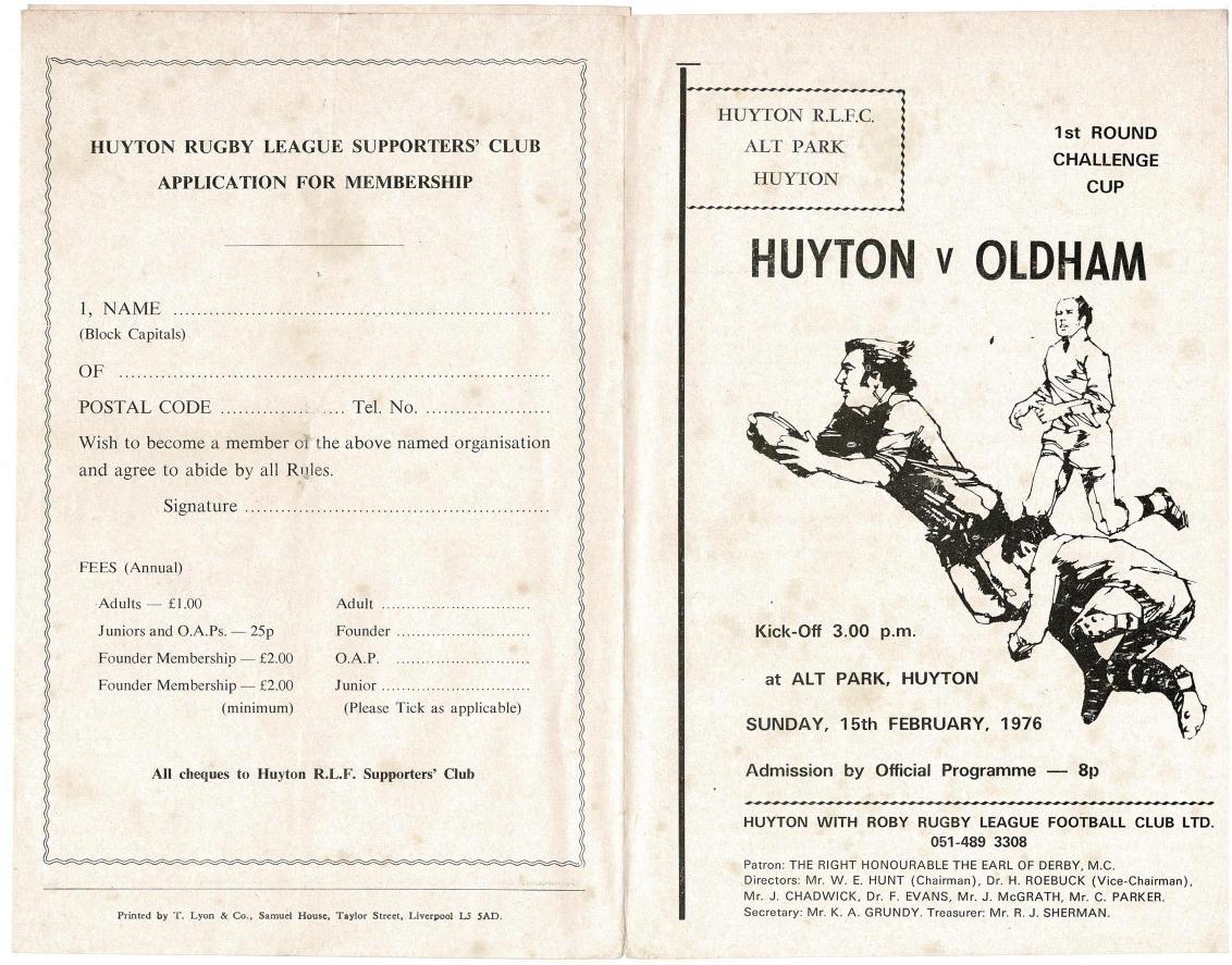 Programme cover: Oldham v Huyton, 15 February 1976