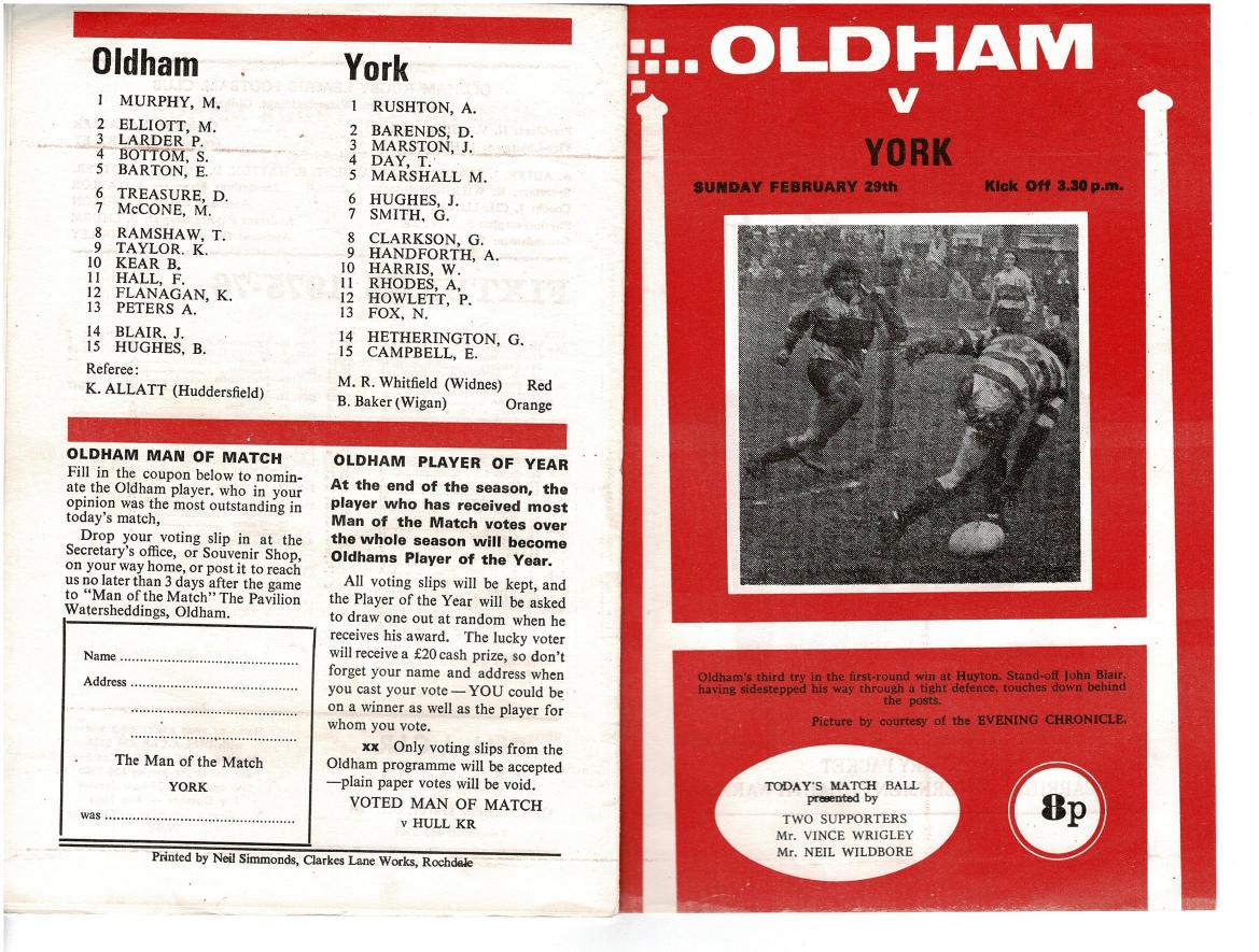 Programme cover: Oldham v York, 29 February 1976