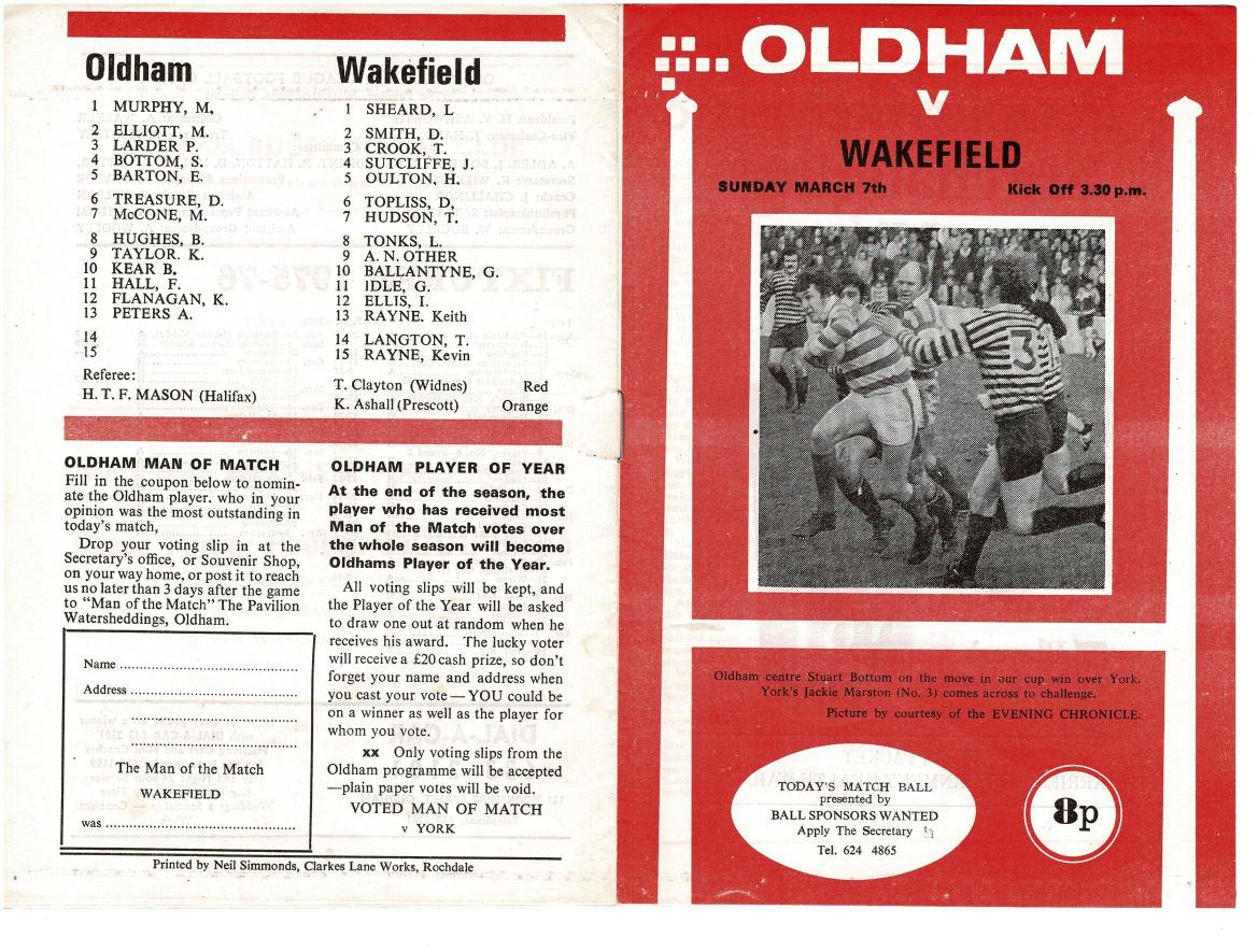 Programme cover: Oldham v Wakefield Trinity, 7 March 1976