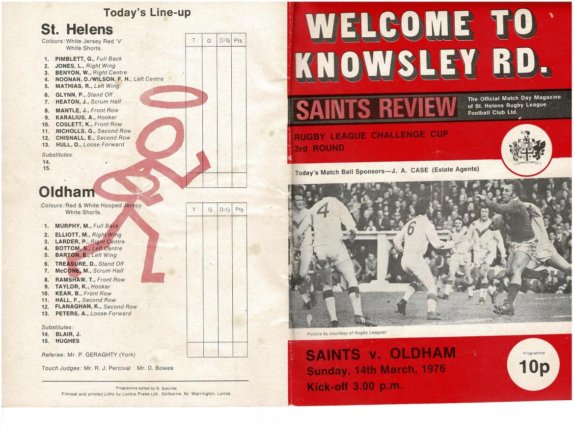 Programme cover: Oldham v St Helens, 14 March 1976