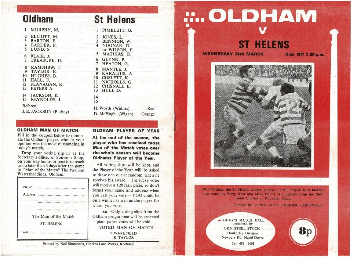 Programme cover: Oldham v St Helens, 24 March 1976