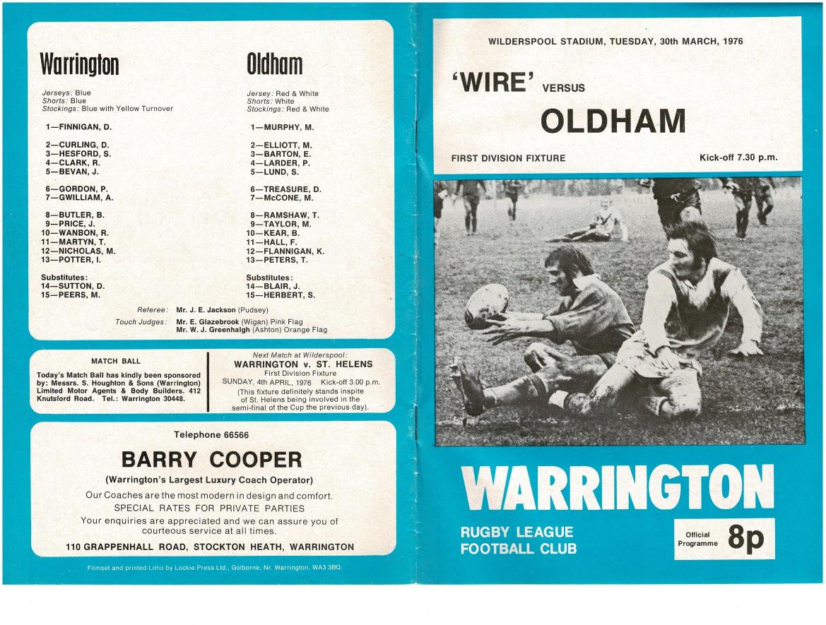 Programme cover: Oldham v Warrington, 30 March 1976