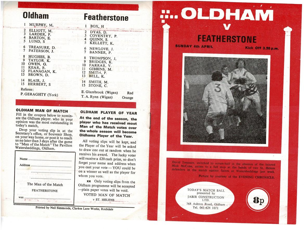 Programme cover: Oldham v Featherstone Rovers, 4 April 1976