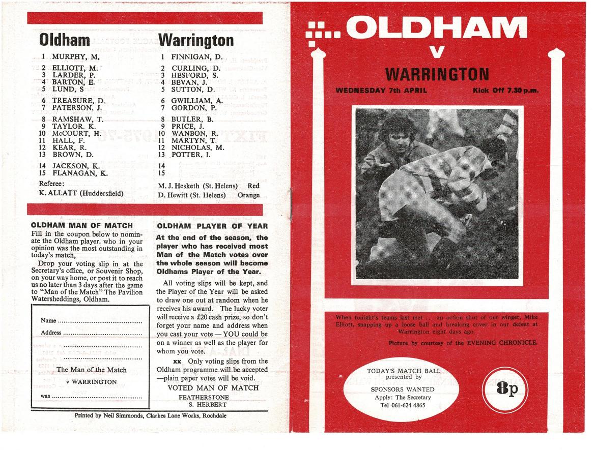 Programme cover: Oldham v Warrington, 7 April 1976