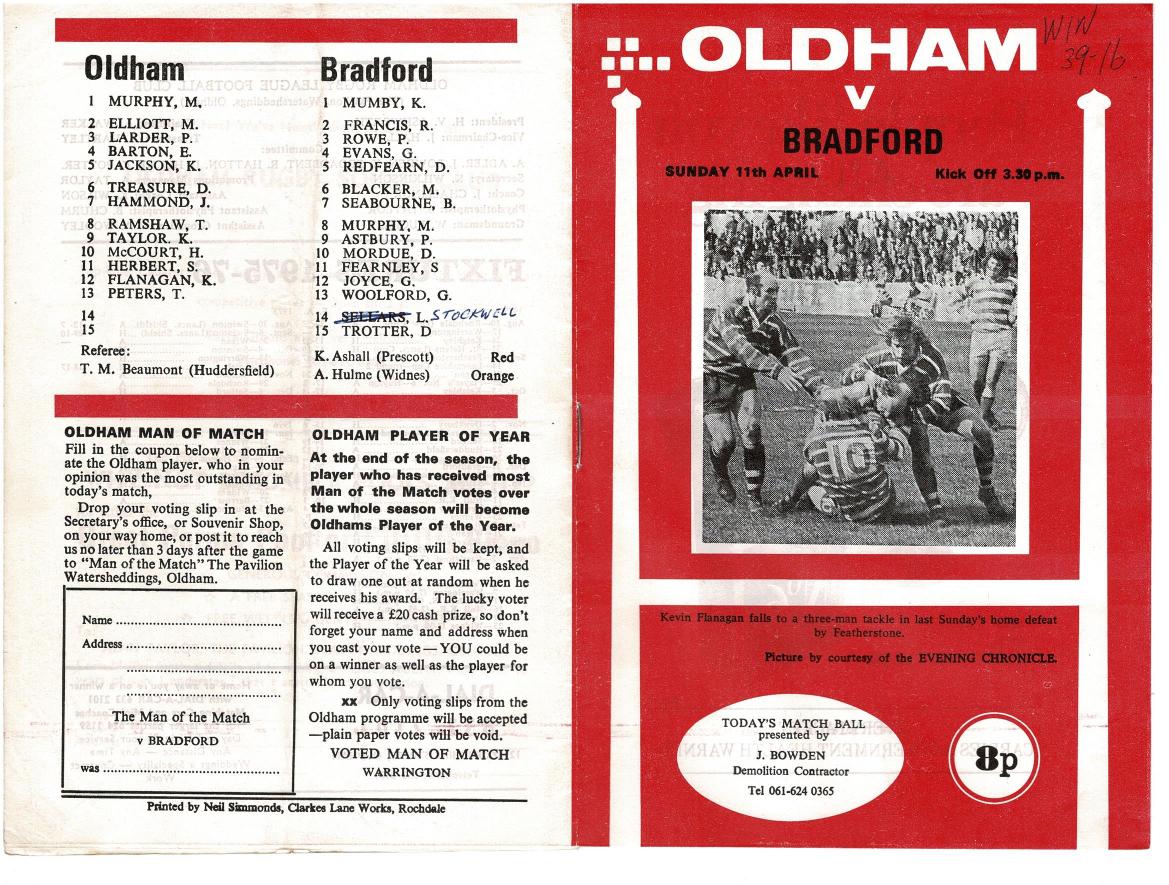 Programme cover: Oldham v Bradford Northern, 11 April 1976