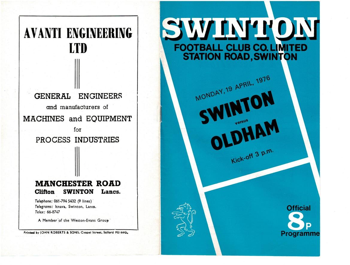 Programme cover: Oldham v Swinton, 19 April 1976