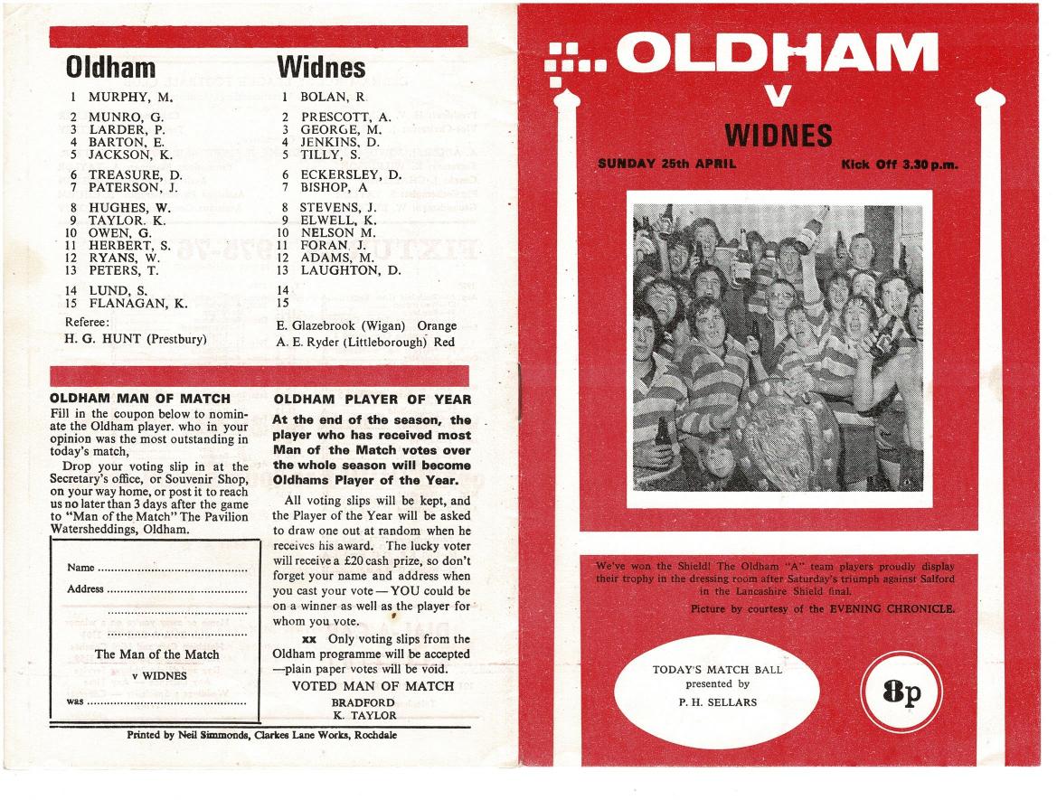 Programme cover: Oldham v Widnes, 25 April 1976