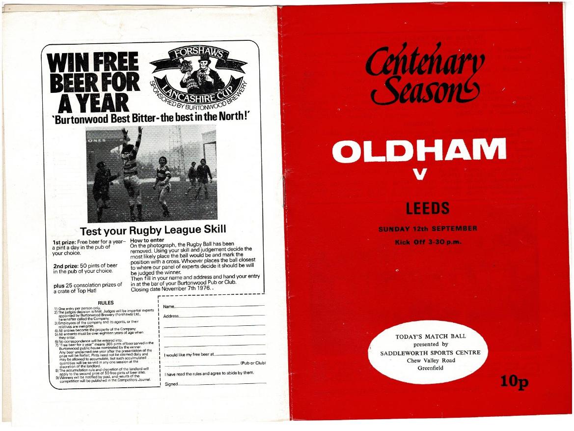 Programme cover: Oldham v Leeds, 12 September 1976