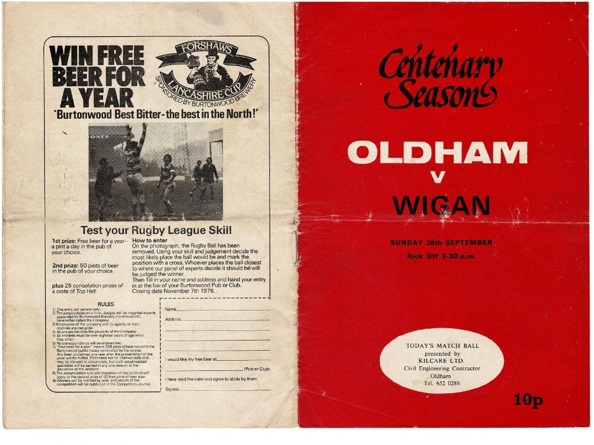 Programme cover: Oldham v Wigan, 26 September 1976