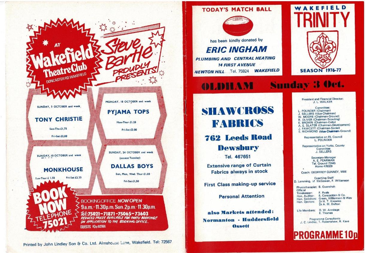 Programme cover: Oldham v Wakefield Trinity, 3 October 1976