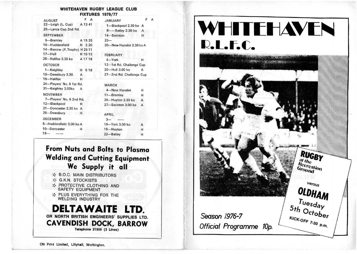 Programme cover: Oldham v Whitehaven, 5 October 1976