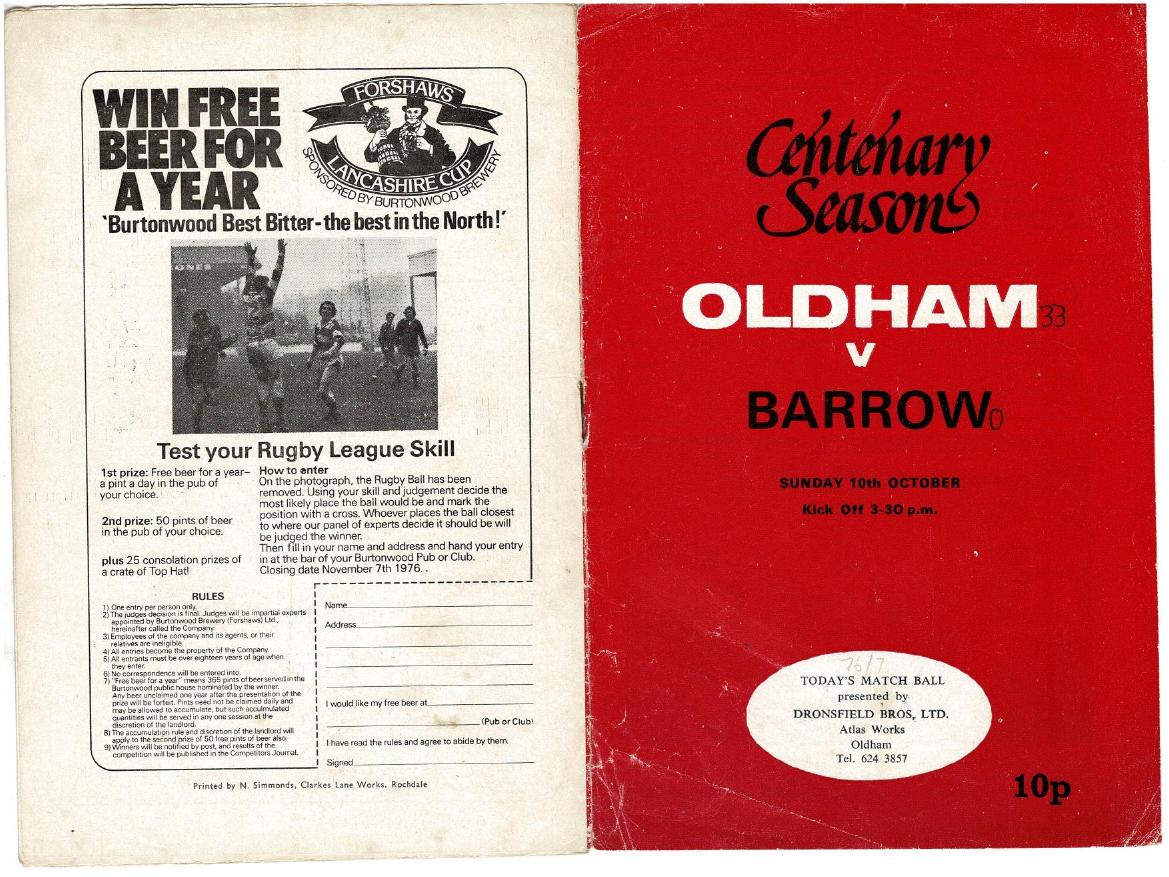 Programme cover: Oldham v Barrow, 10 October 1976