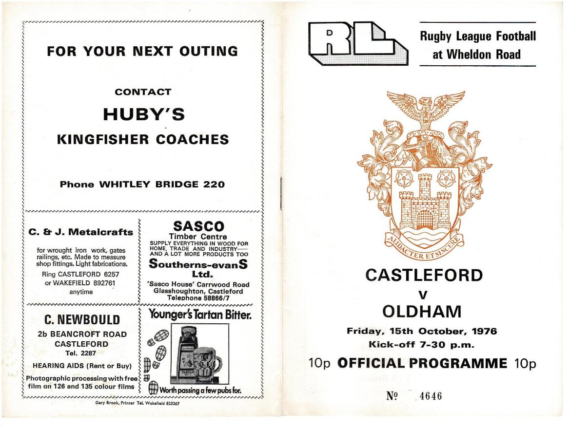 Programme cover: Oldham v Castleford, 15 October 1976