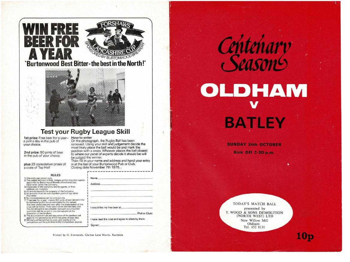 Programme cover: Oldham v Batley, 24 October 1976