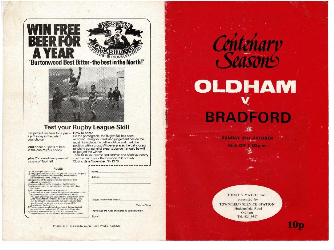 Programme cover: Oldham v Bradford Northern, 31 October 1976