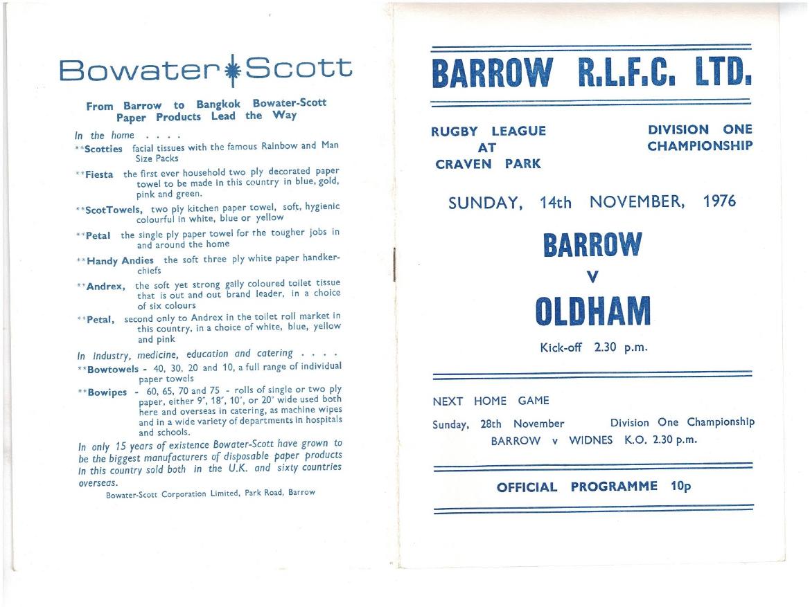 Programme cover: Oldham v Barrow, 14 November 1976