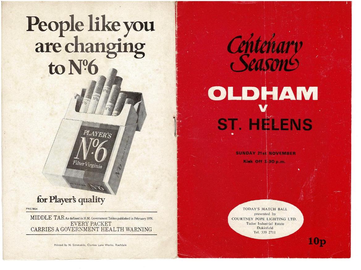 Programme cover: Oldham v St Helens, 21 November 1976