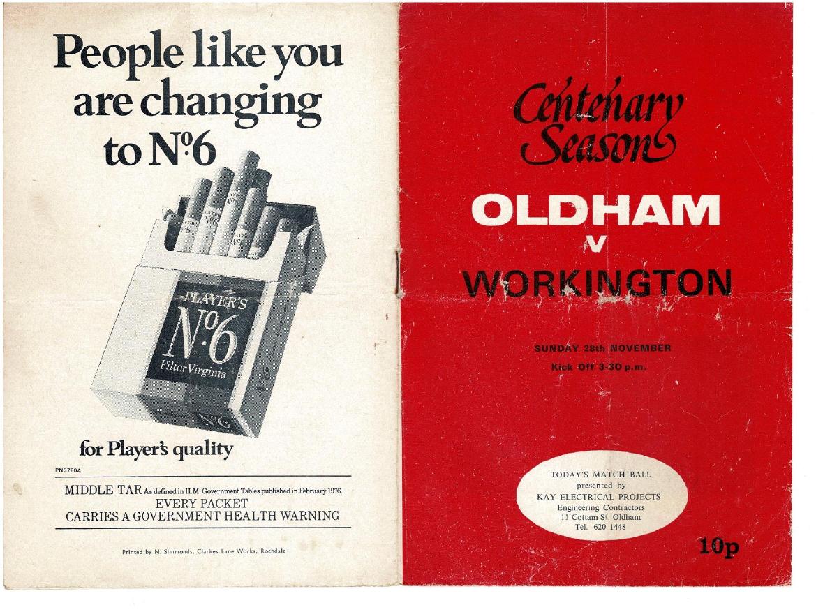 Programme cover: Oldham v Workington Town, 28 November 1976