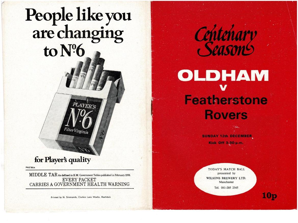 Programme cover: Oldham v Featherstone Rovers, 12 December 1976