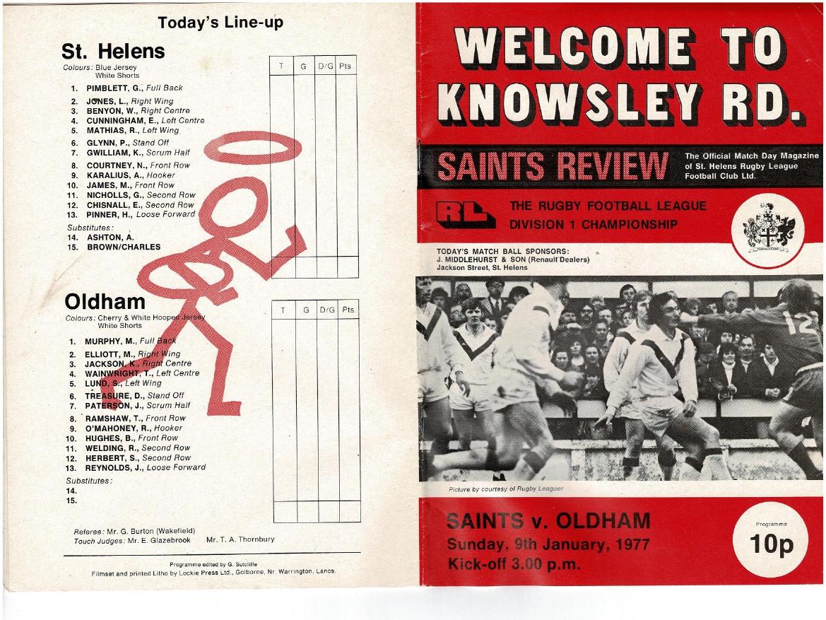 Programme cover: Oldham v St Helens, 9 January 1977