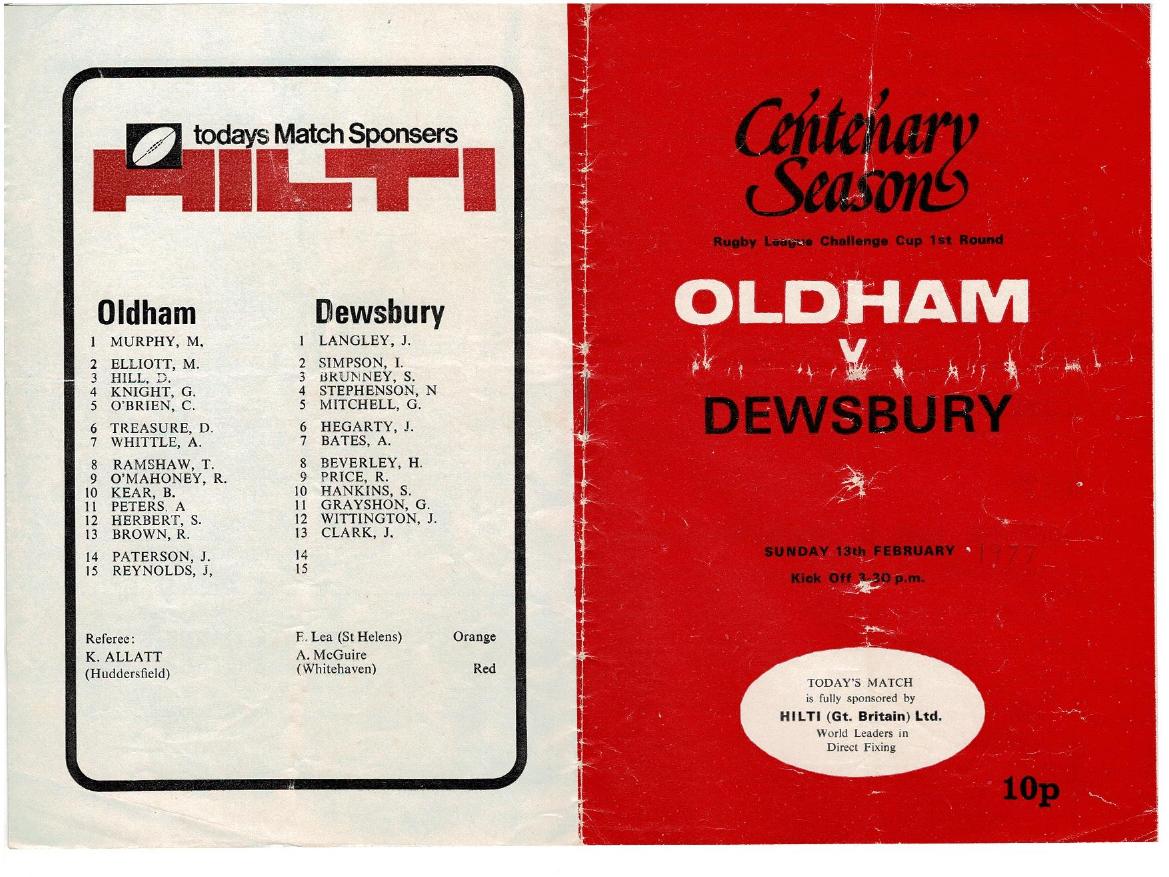 Programme cover: Oldham v Dewsbury, 13 February 1977