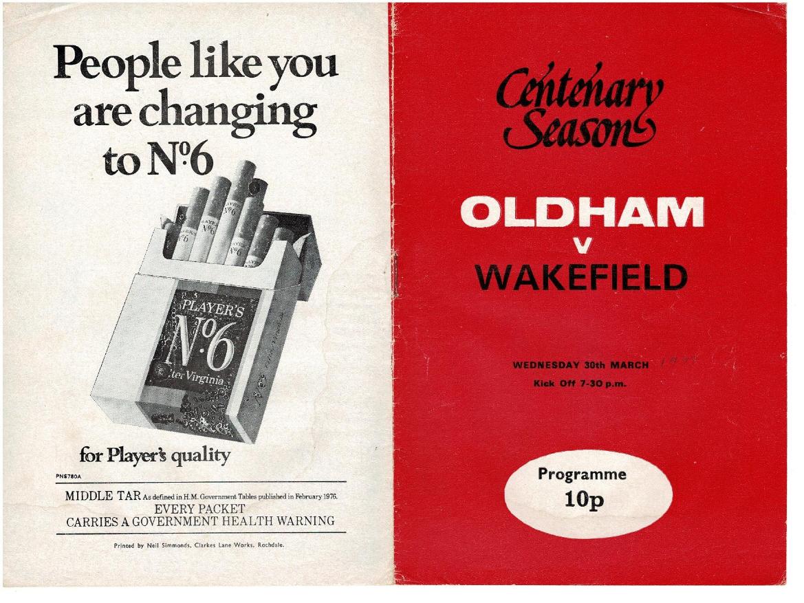 Programme cover: Oldham v Wakefield Trinity, 30 March 1977