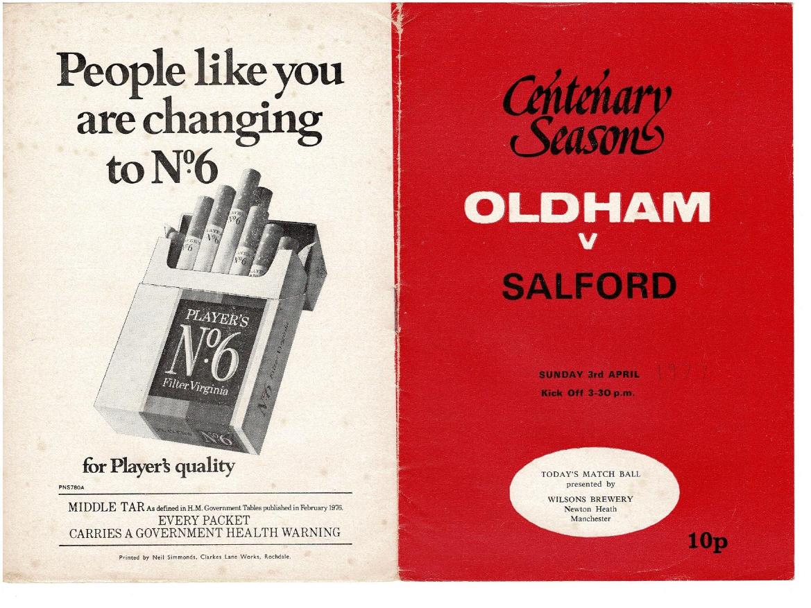 Programme cover: Oldham v Salford, 3 April 1977