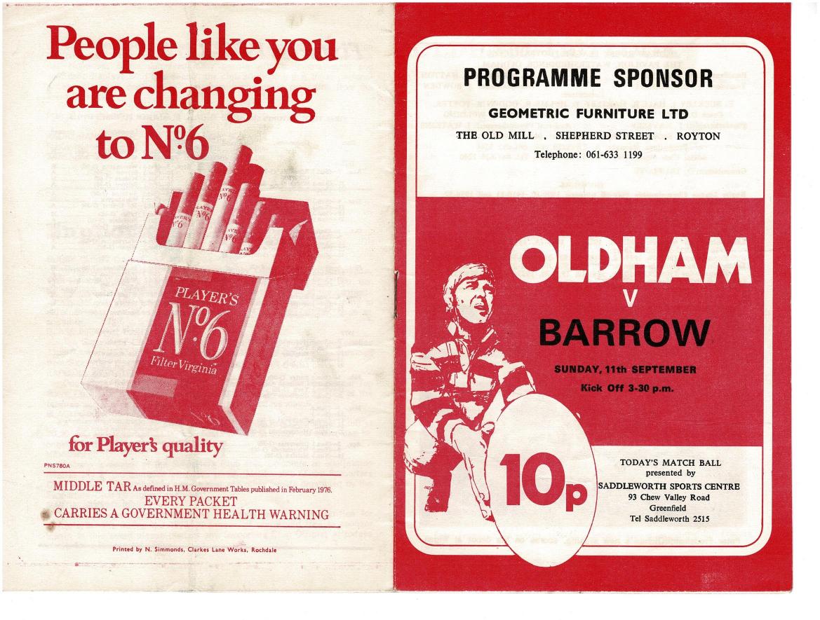Programme cover: Oldham v Barrow, 11 September 1977